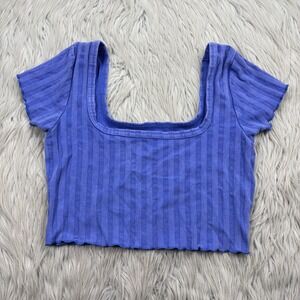 Aerie Women's S Purple Ribbed Cropped Square Neck Tee Lettuce Hem Lounge